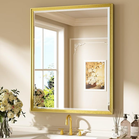 Keonjinn 30" x 36" Gold Bathroom Mirror, Beveled Edge Tempered Glass,
