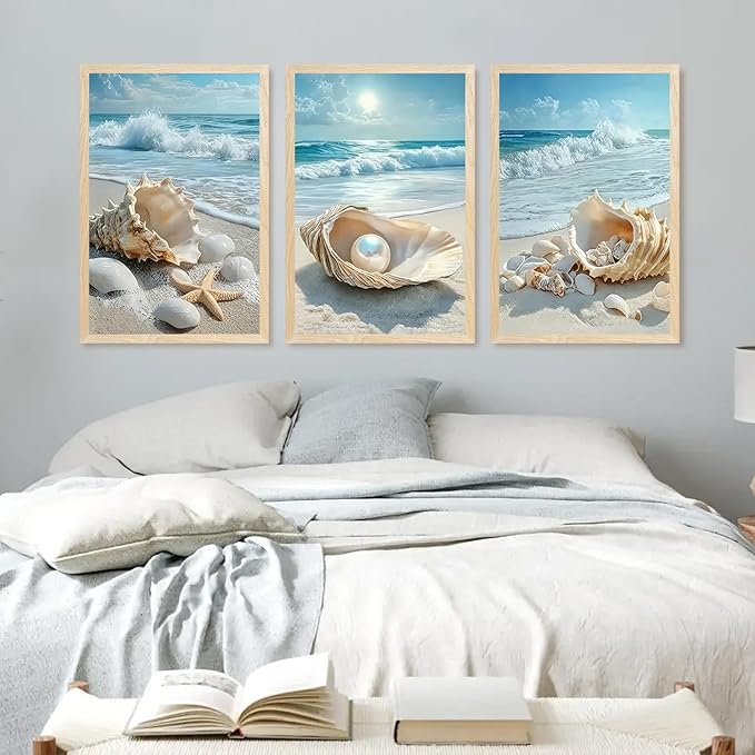 SYWENNOI 3 Piece Wood Framed Beach Wall Art, Sandy Shore, Pearl in Shell
