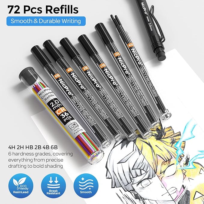 Nicpro 2.0 mm Mechanical Pencil Set, 3PCS Artist Lead Pencil Holder 2mm with 72PCS Lead Refills (4H 2H HB 2B 4B 6B Color) Eraser, Weatherproof Barrel for Outdoor Writing Drafting Drawing Sketching
