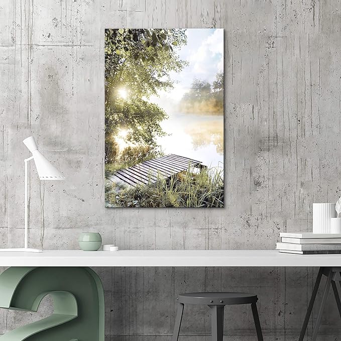 Lake Landscape Canvas Wall Art: Sunrise Nature Scenery Picture Vertical Pier Painting Print Artwork Living Room Bedroom Decor