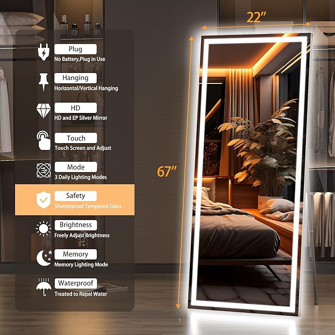 Hasipu Full Length Mirror with Lights, Full Body Dressing Hanging Mounted Mirror