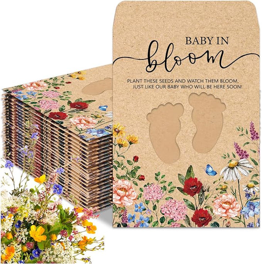 JarThenaAMCS 200Pcs Wildflower Baby Shower Seed Packets Self Adhesive Kraft Envelope with Footprint Window Vintage Floral Baby in Bloom Seed Storage Pockets for Gender Reveal Birthday
