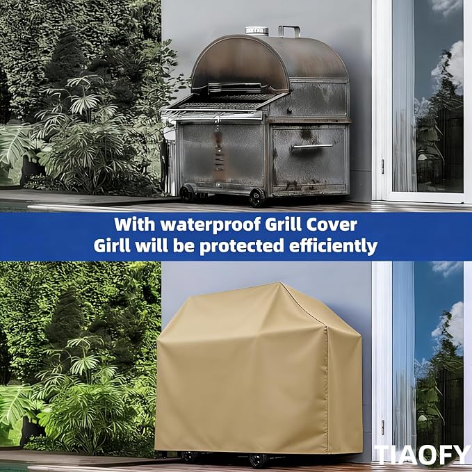 BBQ Gas Grill Cover for Outdoor, Anti-UV, Rip-Proof, 600D Oxford Fade Resistant Material, Barbecue Cover with Hook and Loop Straps & Adjustable Hem Drawstring (Beige, 60”x24”x44”)