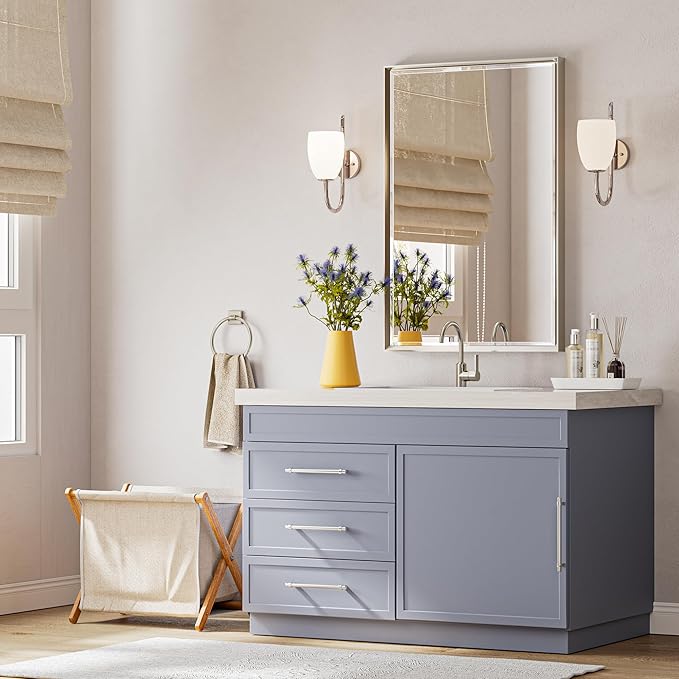 Brushed Nickel Bathroom Mirror, 24x36 Inch Beveled Framed Bathroom Mirror