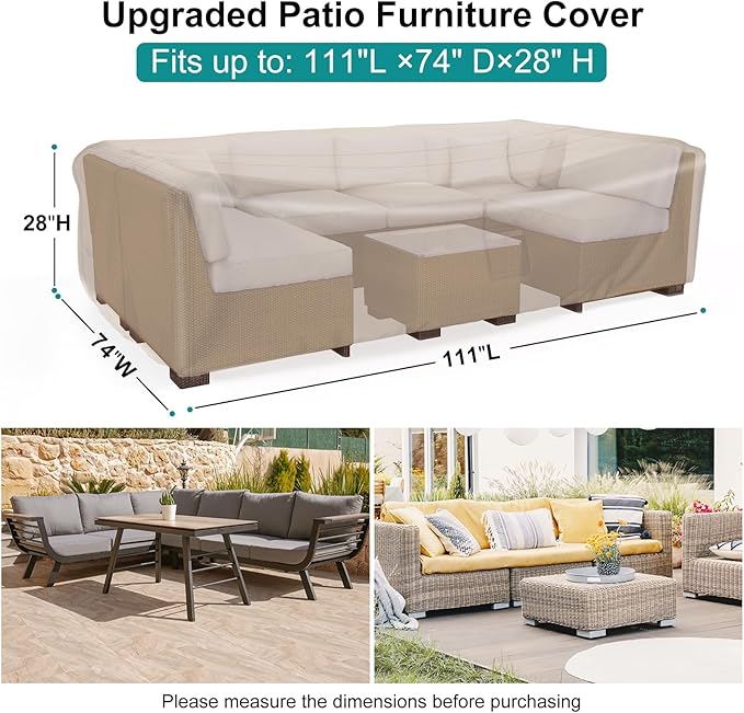 Patio Furniture Set Cover Waterproof, Heavy Duty Furniture Covers for Outdoor Sectional Sofa Set Wicker Rattan Table Chair Rectangular,111"L×74"W×28"H,Brown