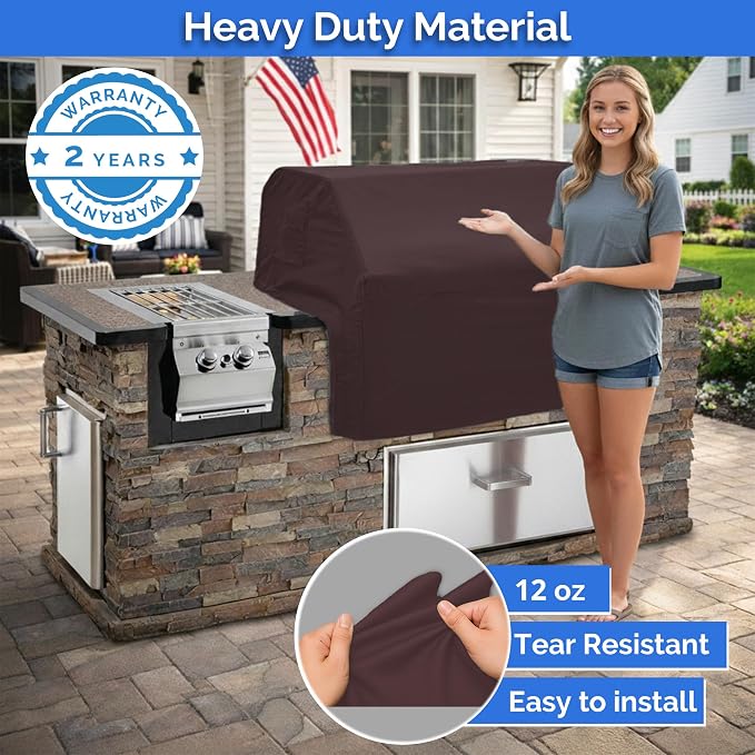 Covers & All Built-in Grill Cover for Outdoor Grill – Heavy Duty 12 oz Waterproof Built-in BBQ Grill Cover, PVC-Coated Polyester with Elastic Hem for Snug Fit (28 x 24 x 26 inches, Coffee)