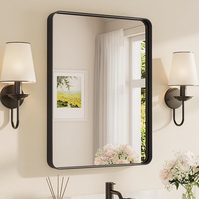 TETOTE Black Framed Bathroom Mirror, 24 x 32 Inch Matte Metal Frame Vanity