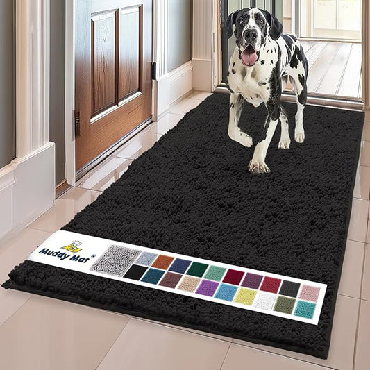 Muddy MatÂ® | Super Water Absorbent Door Mat Indoor, Microfiber Quick Dry Chenille Entryway Rug, Slip Resistant Front Door Mat, Indoor Mats for Entryway, Machine Washable Pet Rug, Black 24"x120"