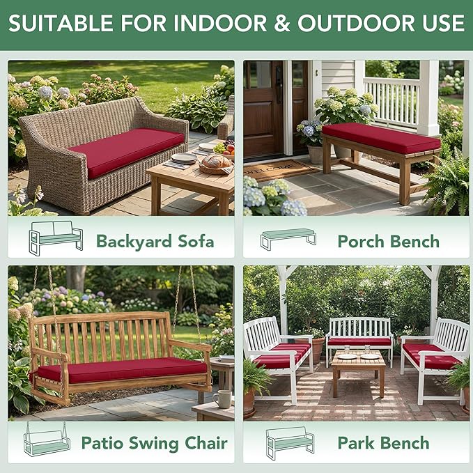 Summsun Outdoor Bench Cushion: Waterproof and Fade Resistant Patio Furniture Cushions - Non-Slip Bench Pad Cushion with Removable Cover for Garden Swing Porch Sofa Settee, 48 x 18 x 3 Inch, Burgundy