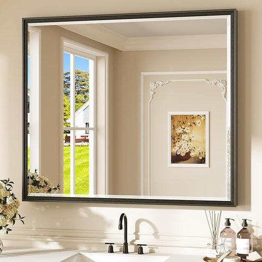 Keonjinn 42" x 36" Black Bathroom Vanity Mirror, Brushed Black Metal Framed