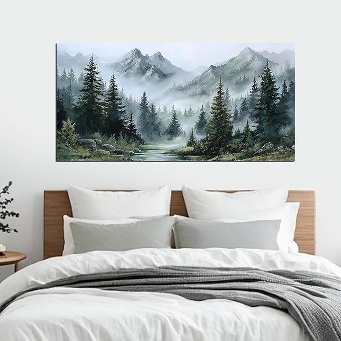 Tarfupth Large Misty Forest Wall Art for Living Room Green Nature Mountain Landscape Canvas Artwork with Trees and River Nature Art for Bedroom Office Home Decor 24x48 Inch