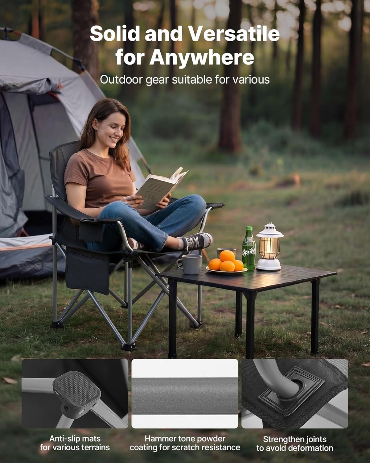VEVOR Oversized Camping Chair - Portable Heavy-Duty Quad with Lumbar Support & Side Pockets | 2-Pack