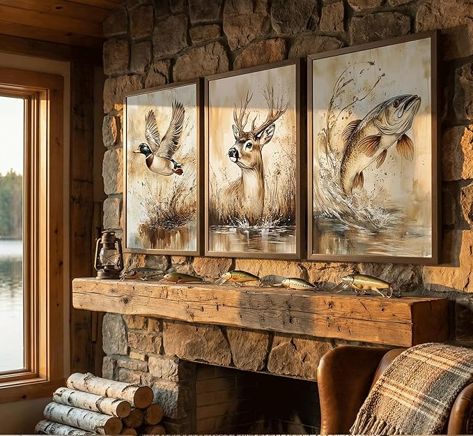 3Pcs Rustic Outdoor Wildlife Canvas Wall Art,Watercolor Deer Duck And Fish Posters Prints,Vintage Farmhouse Hunting Wall Decor Pictures,for Living Room Bathroom Kitche Home Decoration