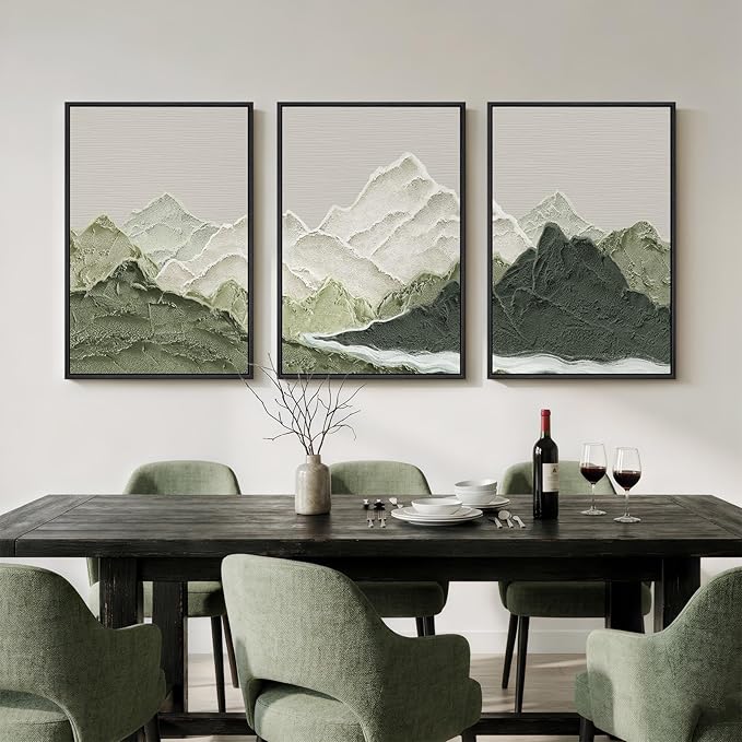 Framed Green Abstract Mountain Wall Art for Living Room, 3 Piece Large Landscape Prints Canvas Artwork for Walls, Modern Minimalist Scenic Pictures Hallway Dining Room Home Office Wall Decor, 24x36 In