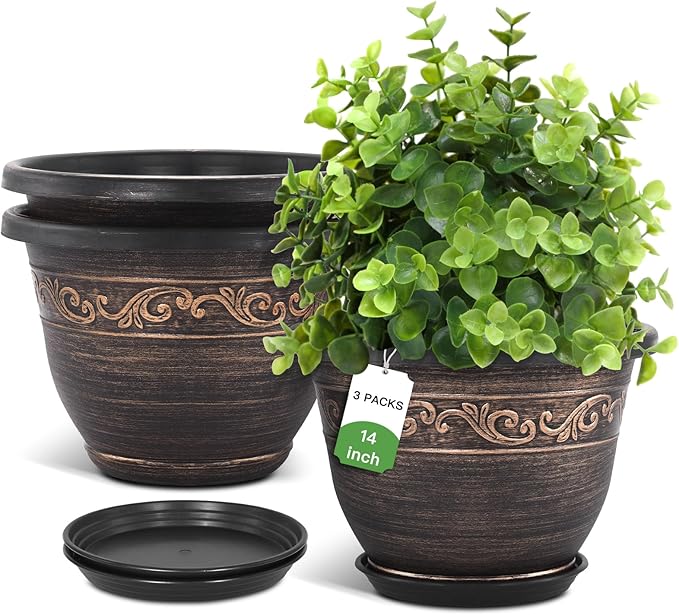 Plastic-Plant-Flower-Planters-14 Inch with Drainage Hole & Saucer, 3 Packs Lightweight Large Resin Flower Pot Indoor Outdoor, Retro Antique Imitation Decorative Garden Containers Sets for Houseplants