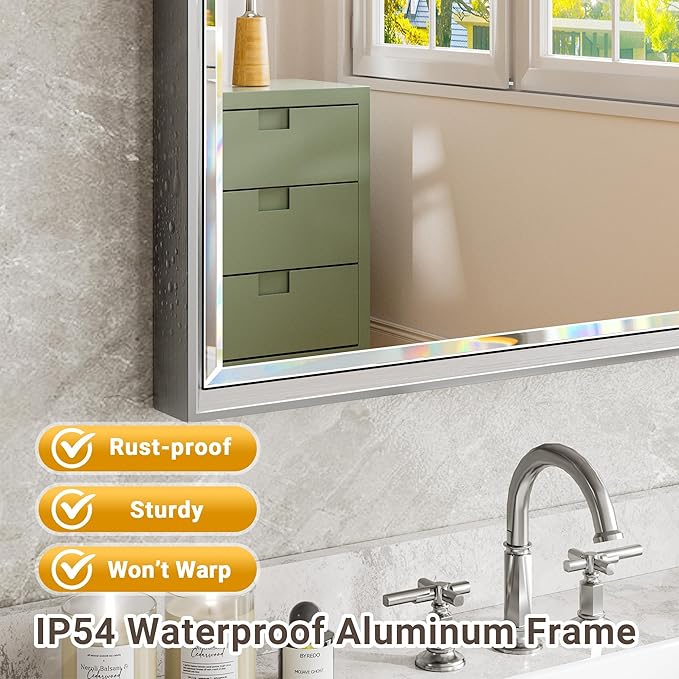 48x24 Beveled Silver Bathroom Vanity Mirror, Shatterproof Large Rectangle Metal