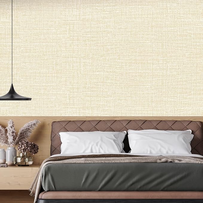 Beige Grasscloth Peel and Stick Wallpaper 17.3"x300" Faux Linen Textured