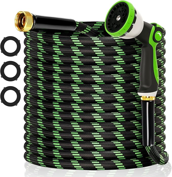 Garden Hose 50 ft Flexible Water Hose Non-Expanding Lightweight Kink-Free Hoses Durable Leak-Proof High Pressure Pipe with 3/4” Brass Fitting 10 Function Nozzle for Outdoor Yard Lawn Car Wash