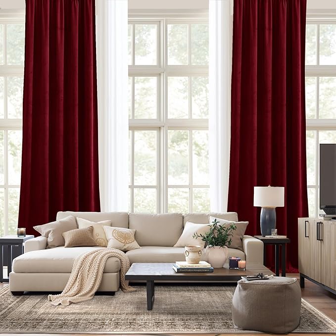 NICETOWN Red Velvet Textured Window Curtains/Draperies