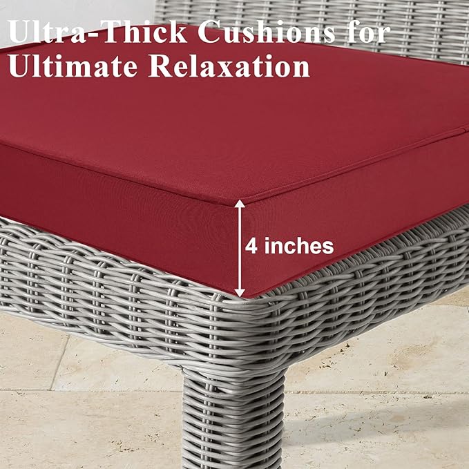 Outdoor Chair Cushions 24x24x4 Inch, Waterproof Red Patio Furniture Cushions Set of 2 with Ties & Handle, 3 Year Color Fastness Square Replacement Seat Cushions for Sofa, Couch