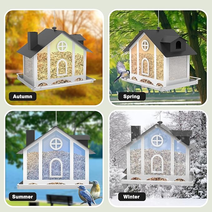 FlowaFoli Bird Feeder House for Outside, Decorative Large Bird Feeders for Outdoors with Rainbow Acrylic Panels, Ideal Gift for BirdLovers to Attract Feathered Friends Year-Round