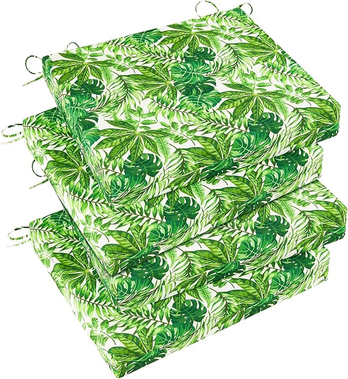 Basic Beyond Outdoor Chair Cushions Set of 4, Square Corner Outdoor Cushions for Patio Furniture, Water Resistant Patio Chair Cushions with 2 Ties, 18.5x16x3, Green Leaves