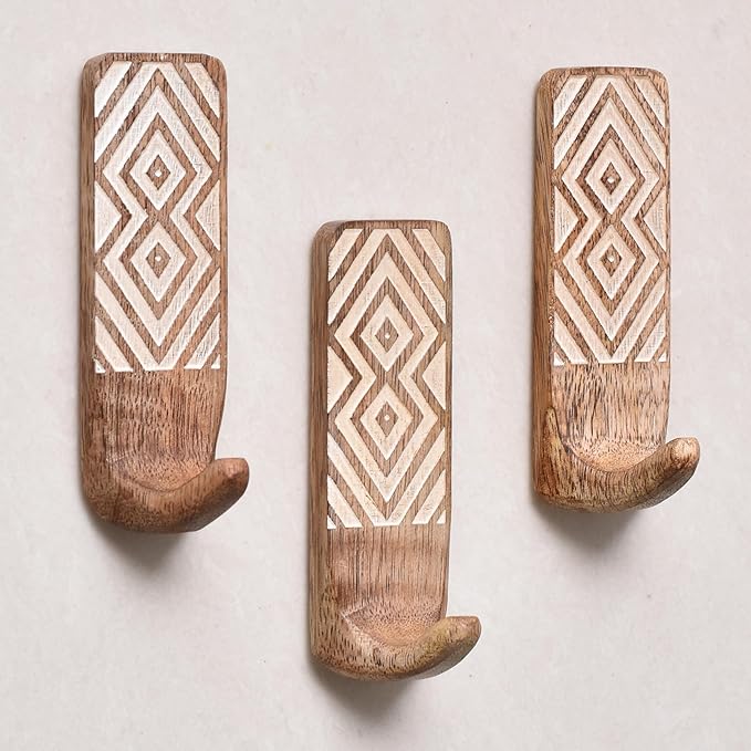 IndianShelf 10 LB- 6 Pieces Decorative Wood Adhesive Wall Hooks–Boho Peel and
