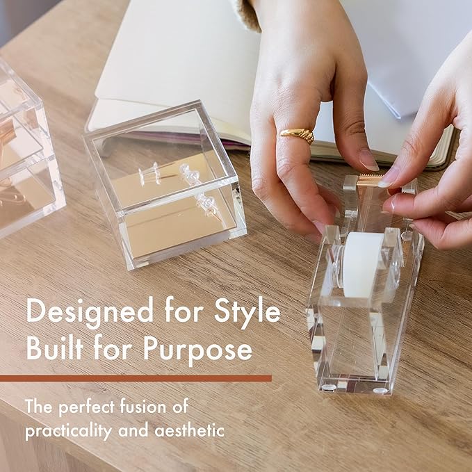 OfficeGoods Acrylic Tape Dispenser – Modern Desk Organizer for Office Supplies – Heavy Duty Refillable Tape Holder for Home and School Crafting – Stylish Desktop Accessory for Gift Wrapping, Rose Gold