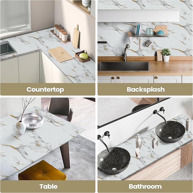 Abyssaly Marble Contact Paper for Countertops Gold Grey White Marble Peel and