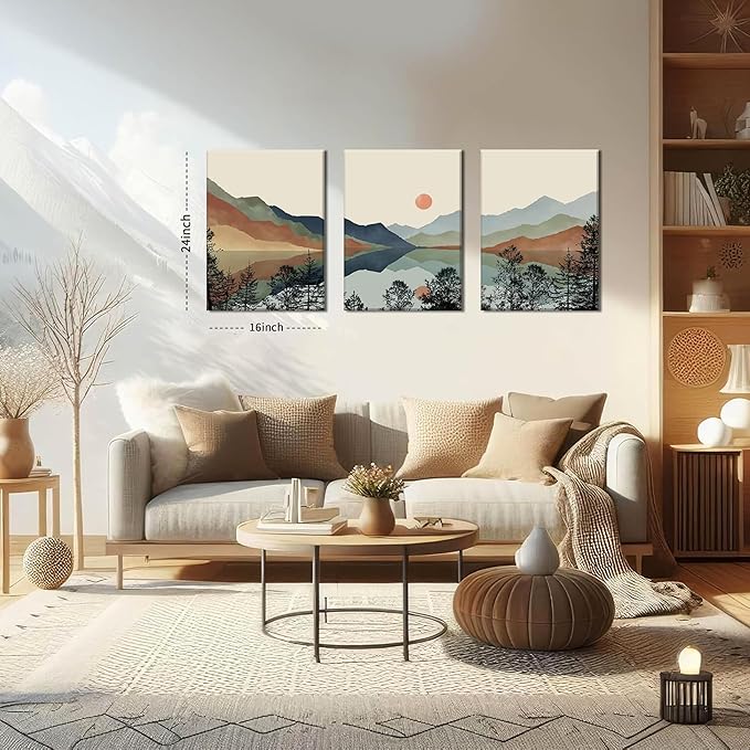 AKWISH Framed Mountain Canvas Wall Art Set of 3, Boho Watercolor Poster Prints