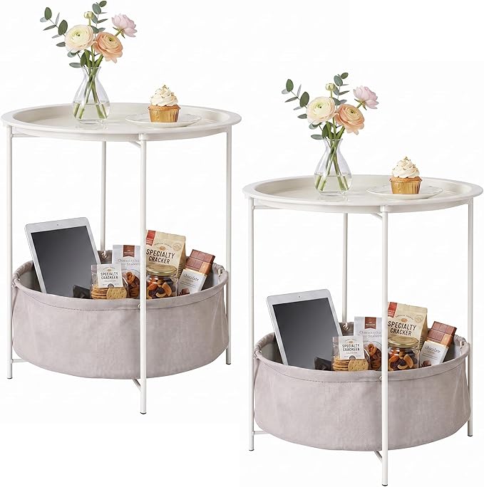 VECELO Round Side/End Table with Fabric Storage Basketï¼Metal Anti-Rust and Waterproof Small Bedside Nightstand with Removable Tray Top for Living Roomï¼Balcony & Laundryï¼Beige/2pcs with Basket