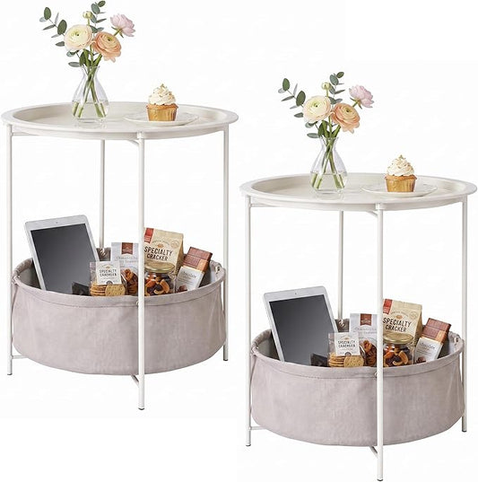 VECELO Round Side/End Table with Fabric Storage Basketï¼Metal Anti-Rust and Waterproof Small Bedside Nightstand with Removable Tray Top for Living Roomï¼Balcony & Laundryï¼Beige/2pcs with Basket