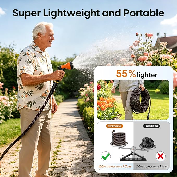 Garden Hose, 3/4" Flexible Water Hose Ultra Lightweight, Non-Expandable with 10 Function Nozzle, Kink-Free, Leak-Proof, 360° Swivel, Abrasion Resistant & Easy to Store for Yard Lawn, Outdoor (100ft)