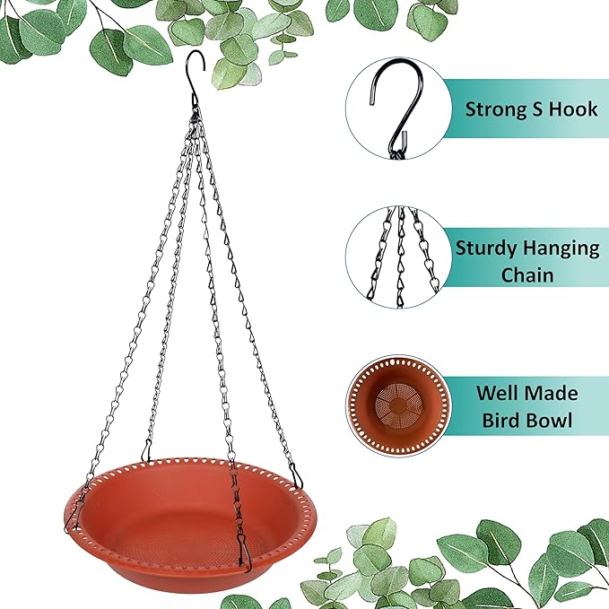 Large Hanging Bird Feeder Tray 14 inch with Drainage Holes Fit Most Seed, Bird-Feeder Hanging for Garden Yard Outside, Terracotta