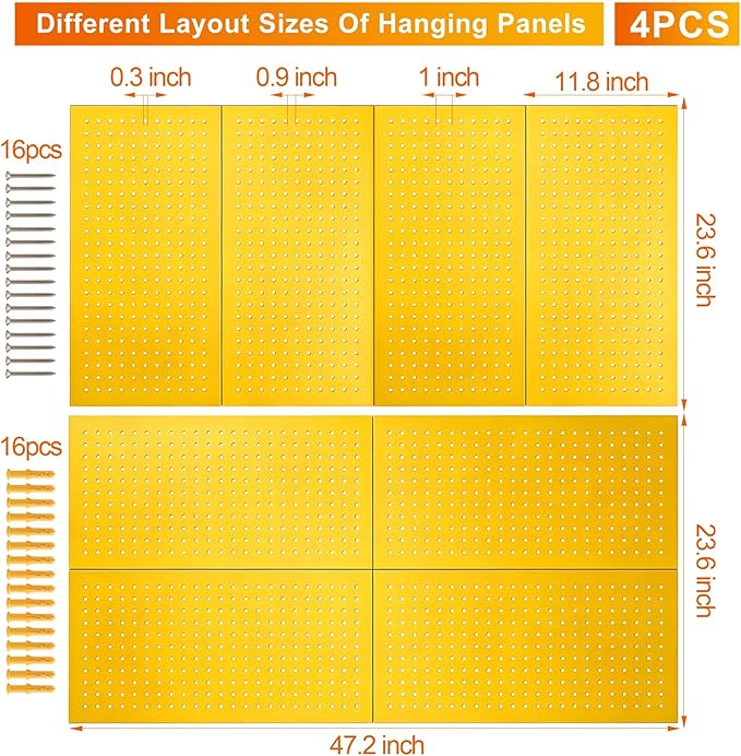 Metal Pegboard Panels,Wall Panels, Heavy Duty Peg Boards for Garage and Garden Tool Storage, Includes Drywall Anchors and Screws Kits, Yellow