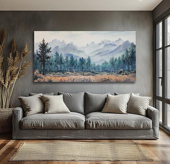 Anolyfi Foggy Forest Mountain Canvas Wall Art, Nature Tree Landscape Painting