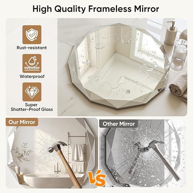Suidia Bathroom Mirror, Frameless Bathroom Mirror
