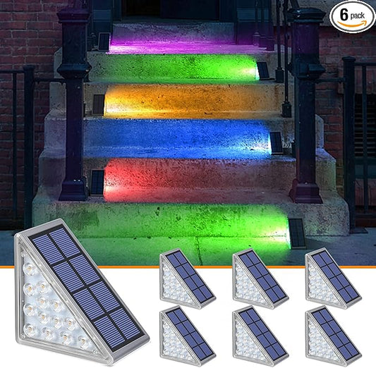 NIORSUN Solar Step Lights,6 Pack RGB Solid Color Changing Solar Stair Lights Outdoor Waterproof IP67 Auto On Off,Solar Lights for Steps,Stair,Patio,Yard,Porch,Front Door,Deck Decor