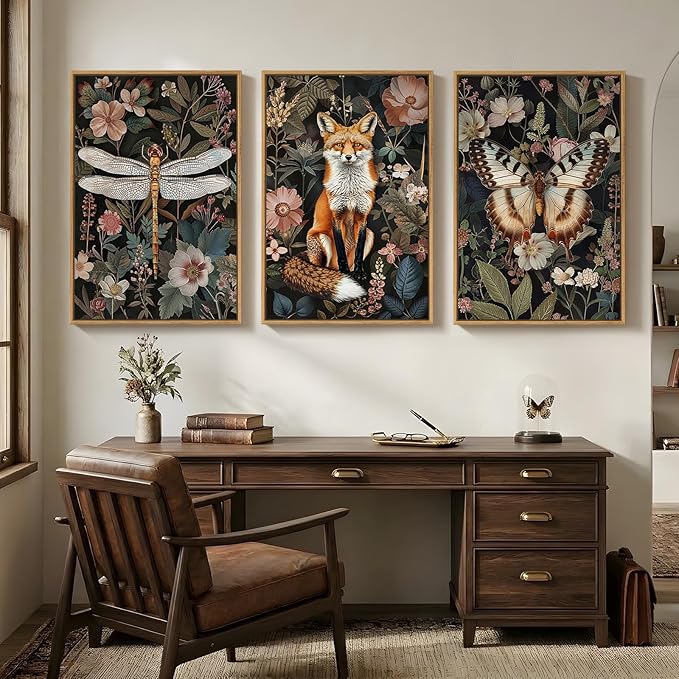 Framed Vintage Botanical Animal Wall Art Set of 3, Dark Floral Butterfly