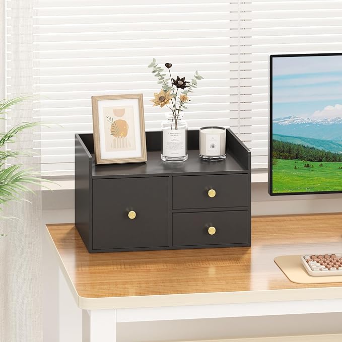Bamboo Desk Organizer with Drawers Wooden Desktop Storage Drawers for Bills Office Supplies Kitchen Utensils Organizing Tool for Home Classroom Organization No Assembly (3 Drawer, Black)