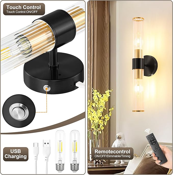 Black Gold Battery Operated Wall Sconces Set of 2, Rechargeable Wall Lights