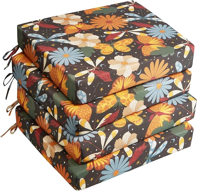 UNIKOME Outdoor Chair Cushions Pack of 4, Water Resistant Patio Cushions with Ties, High Density Sponge Filling Square Corner Seat Cushions for Outdoor Furniture, 18.5"*16"*3", Flower