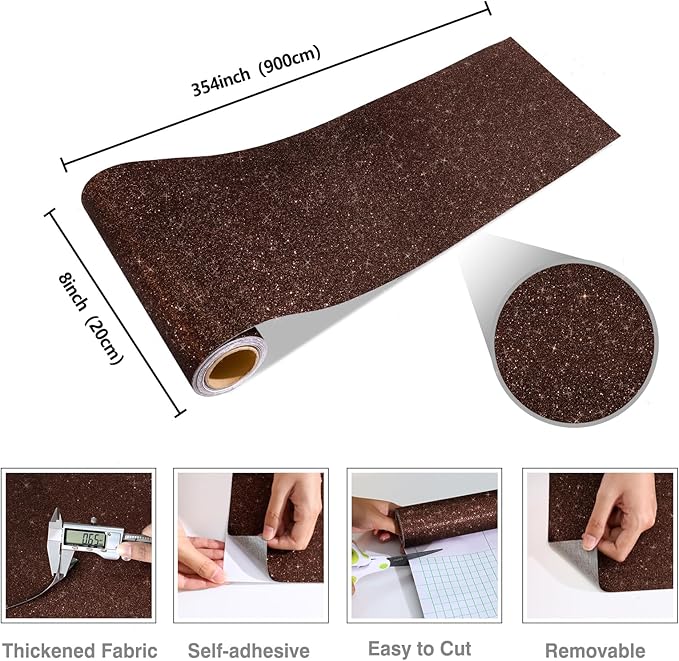 CRE8TIVE 8"x354" Glitter Wallpaper Dark Brown Peel and Stick Wallpaper Border