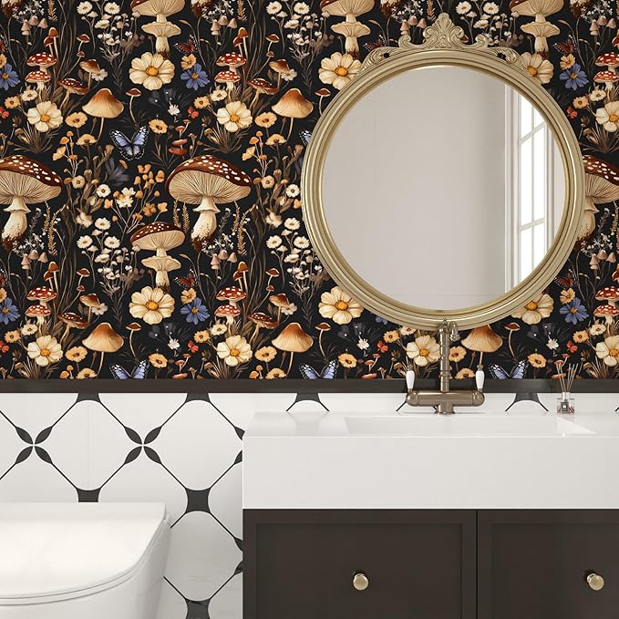 BOKEBEVE Extra Long Mushroom Peel and Stick Wallpaper Vintage Wallpaper Floral