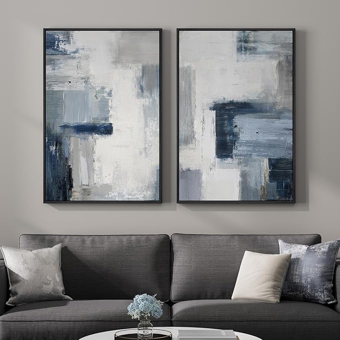 Large Framed Blue Gray Abstract Wall Art Set of 2, Modern Canvas Artwork