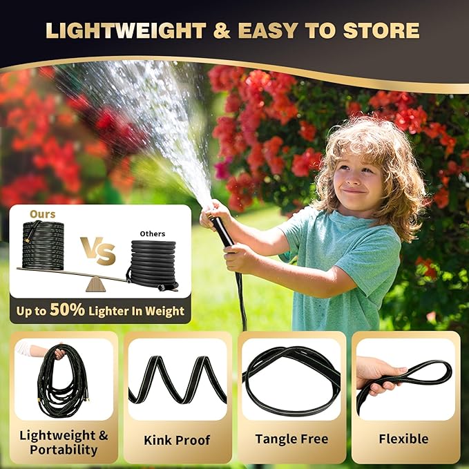 Garden Hose 75 ft Water Hose Flexible Heavy Duty Outdoor Lightweight No Kink Long Non-Expandable High Pressure Flat Hoses Pipe 100’ Strong 3/4’’ Brass Fitting for Outside Yard Lawn Car Wash