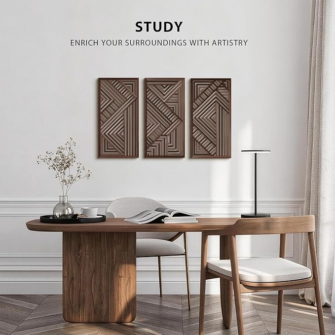 VIYYIEA Boho Solid Wood Carved Wall Art Set of 3, Geometric Minimalist Wooden