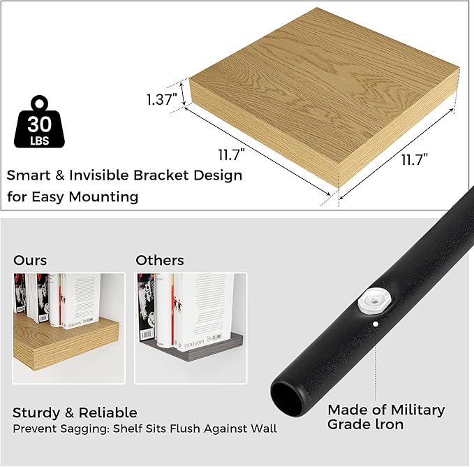Square Floating Shelves for Wall 12"W x 12"D x 1.4"H, Small Engineered Wood