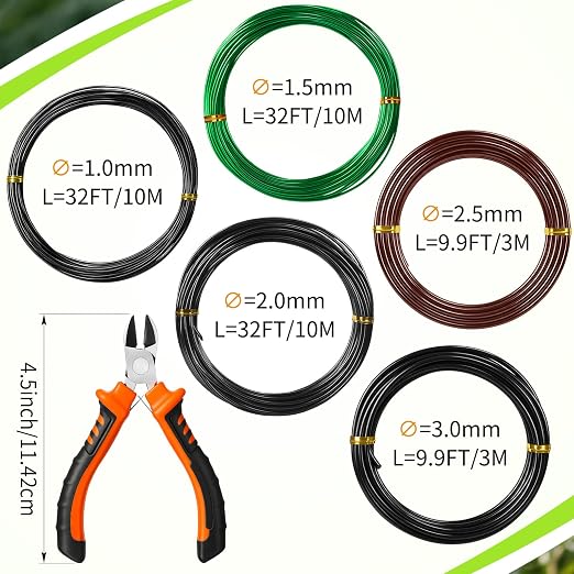Mudder 5 Roll Aluminum Bonsai Training Wire Tree 1/1.5/2.0/2.5/3mm 118 Feet Total with Bonsai Wire Cutter Anodized Training for Holding Branches Small Trunks (Classic)