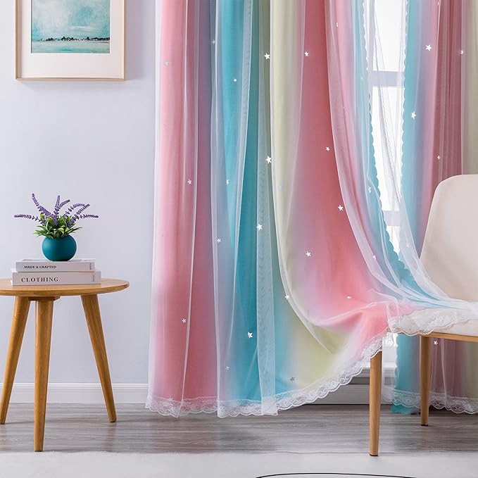XiDi Curtains for Bedroom Decor, Rainbow Pink-Blue-34-96